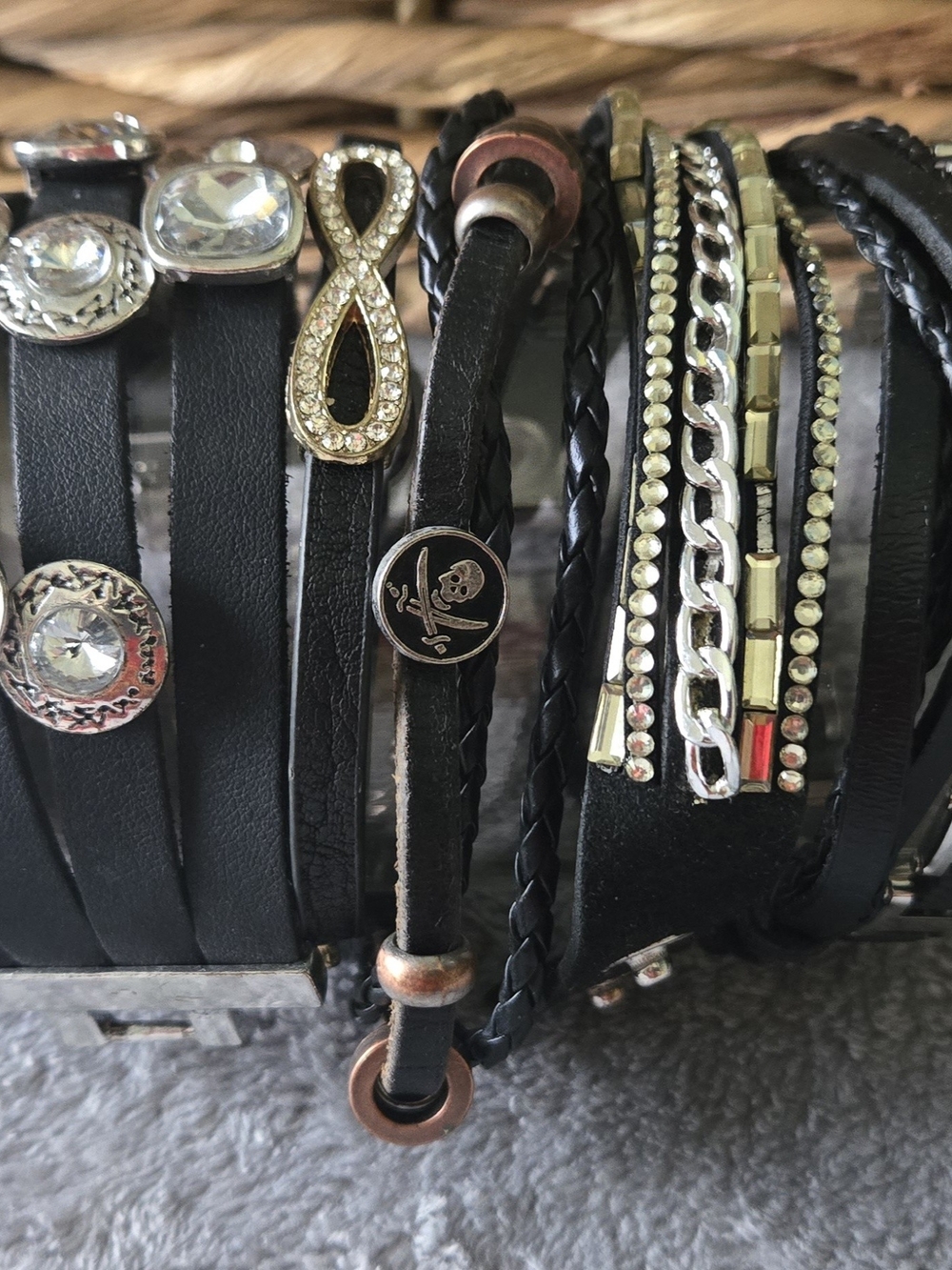Black Multi-Row Leather Wrap Bracelet with Mixed Metal Lot Of 6